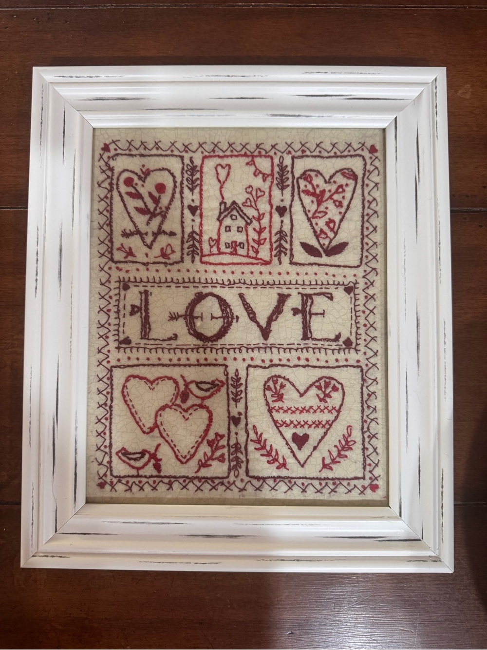 Embroidered LOVE Heart Wall Art Shabby Chic Cottagecore Framed 13x11